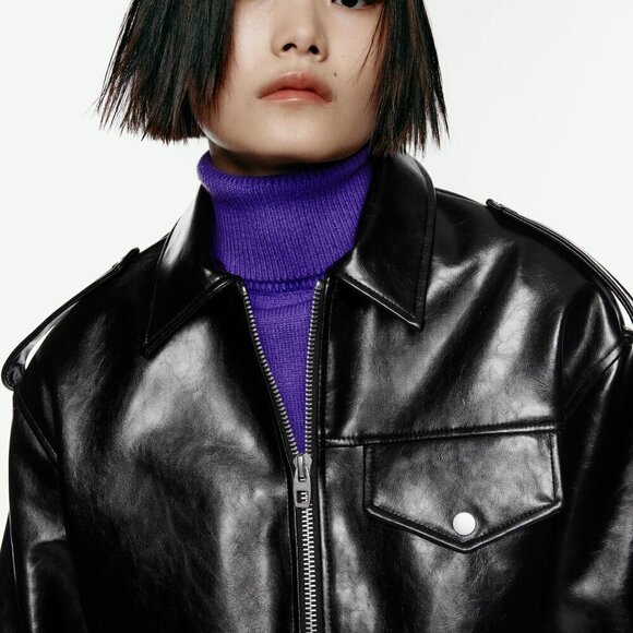 Zara Women's Size L Black Faux Leather Cropped NEW Jacket Boxy Blogger Moto Punk - Picture 17 of 17